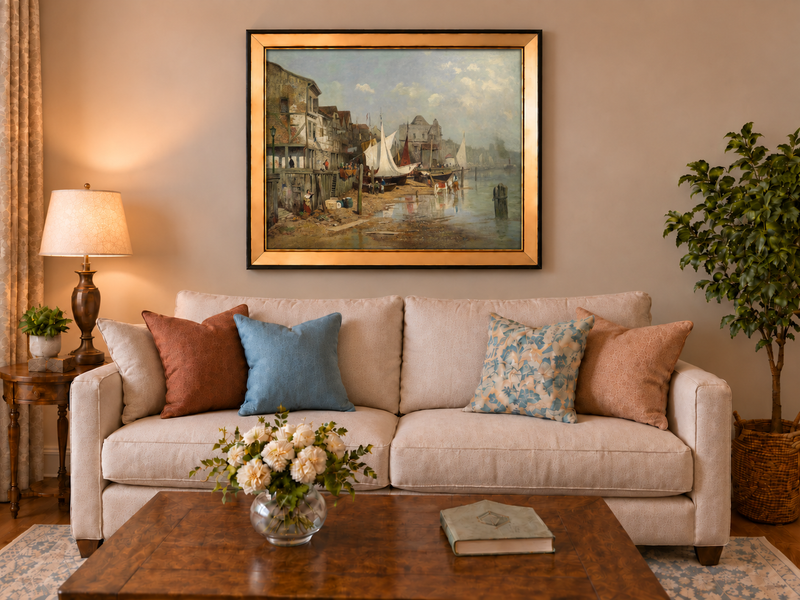 Landscape Oil Painting - Old Riverside Harbor Town Sailing Boats