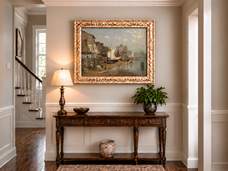 Landscape Oil Painting - Old Riverside Harbor Town Sailing Boats