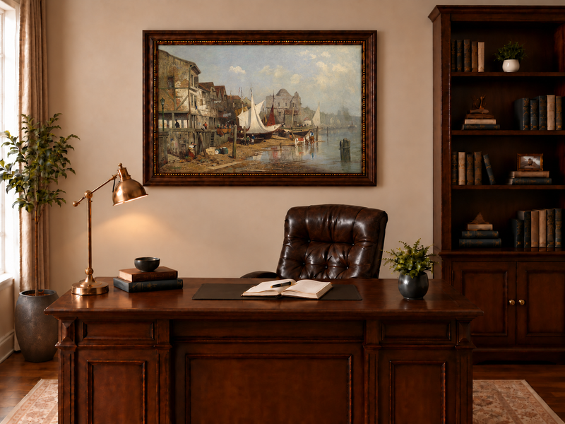 Landscape Oil Painting - Old Riverside Harbor Town Sailing Boats