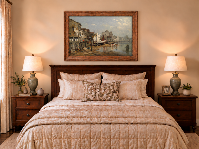 Landscape Oil Painting - Old Riverside Harbor Town Sailing Boats