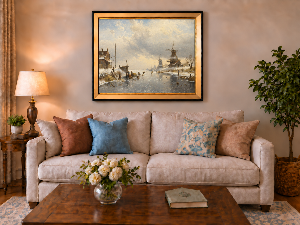 Landscape Oil Painting - Winter Canal Scene, Windmills, Skaters
