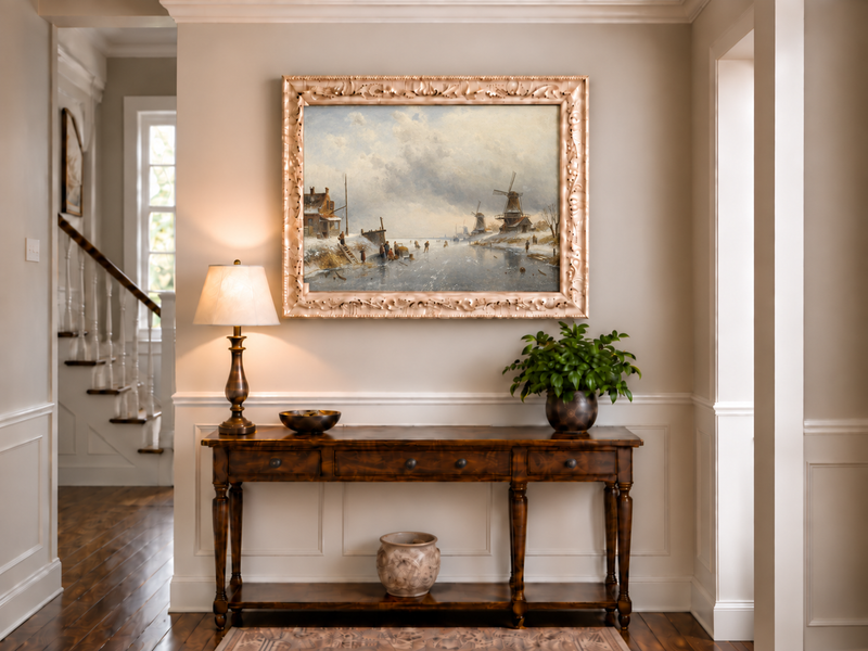 Landscape Oil Painting - Winter Canal Scene, Windmills, Skaters