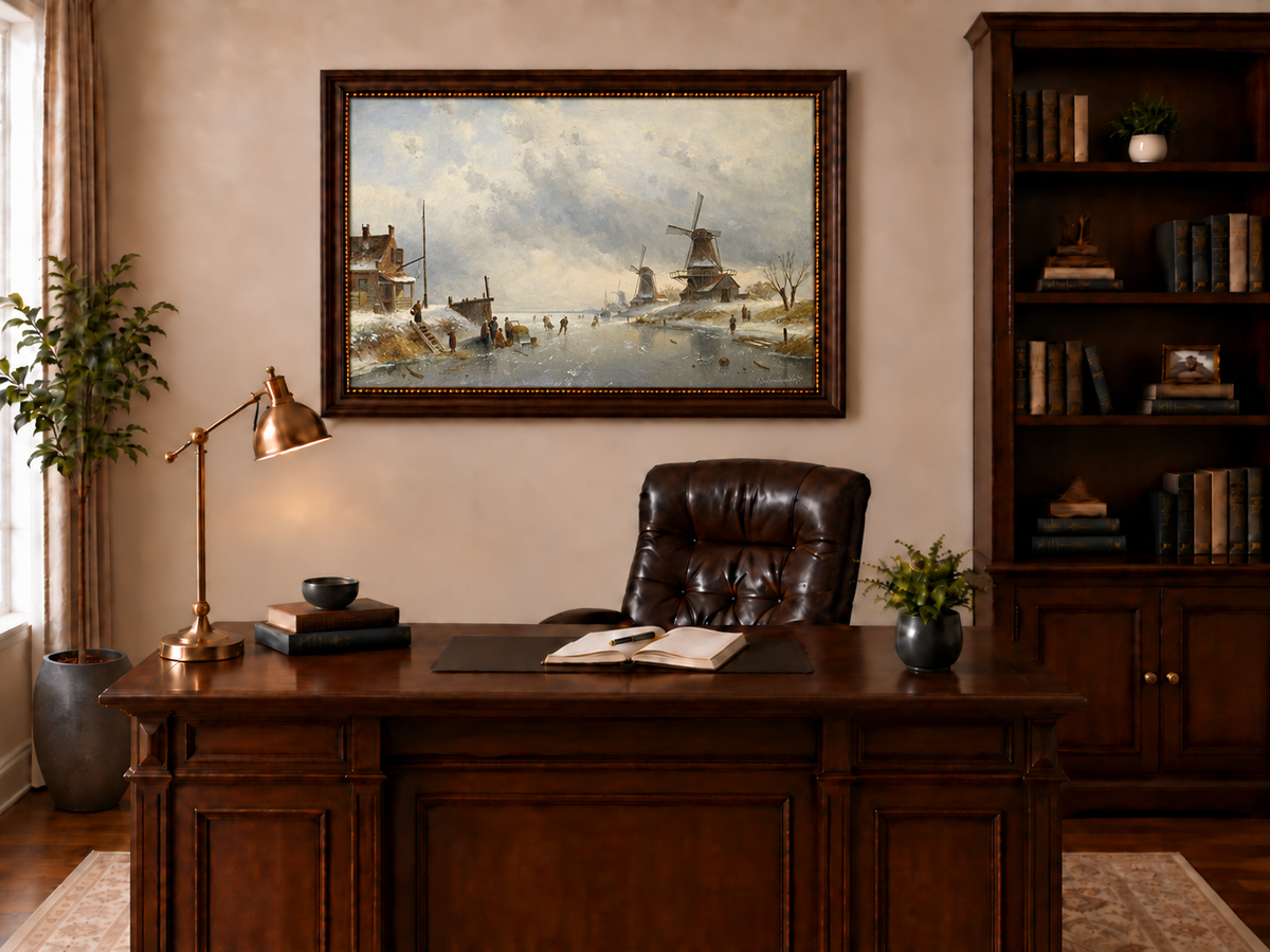Landscape Oil Painting - Winter Canal Scene, Windmills, Skaters