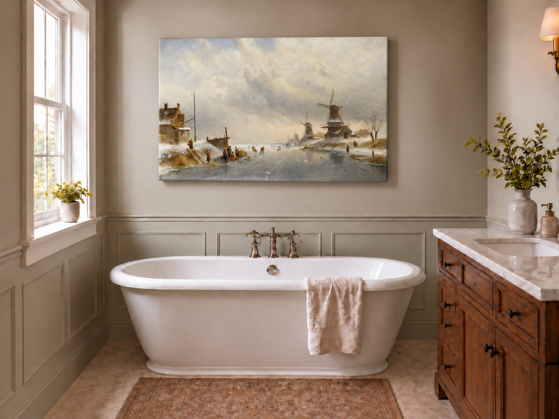 Landscape Oil Painting - Winter Canal Scene, Windmills, Skaters