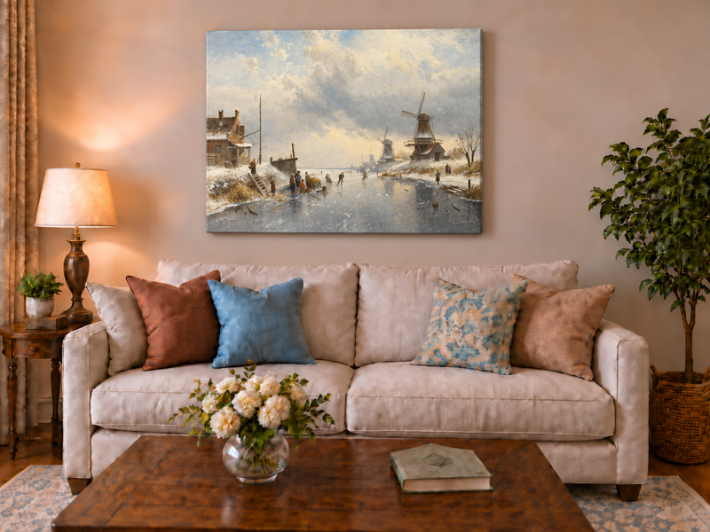 Landscape Oil Painting - Winter Canal Scene, Windmills, Skaters