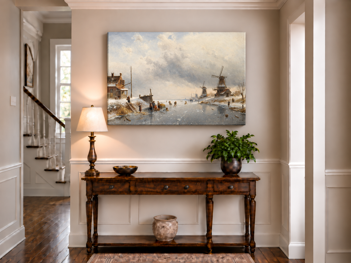 Landscape Oil Painting - Winter Canal Scene, Windmills, Skaters