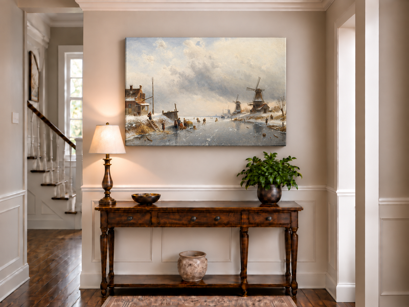 Landscape Oil Painting - Winter Canal Scene, Windmills, Skaters