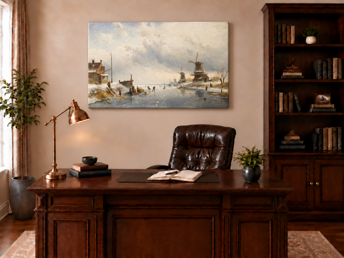 Landscape Oil Painting - Winter Canal Scene, Windmills, Skaters