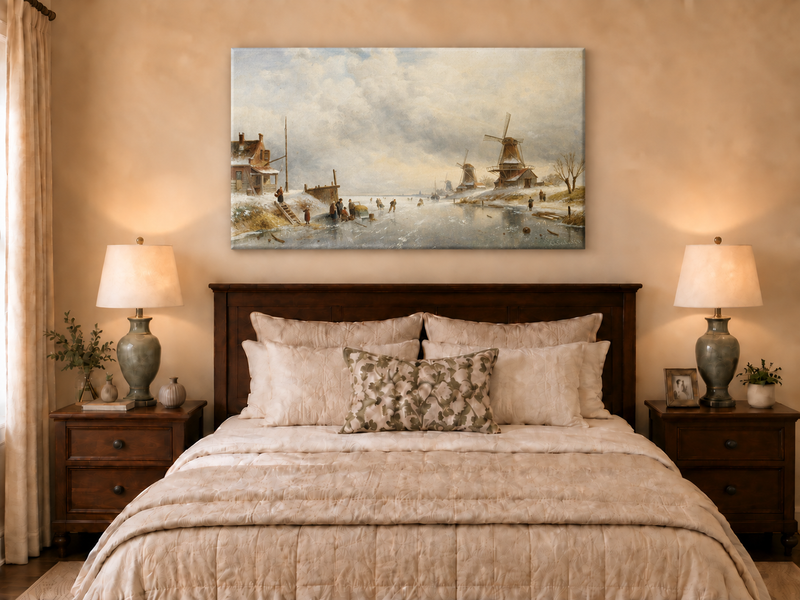 Landscape Oil Painting - Winter Canal Scene, Windmills, Skaters