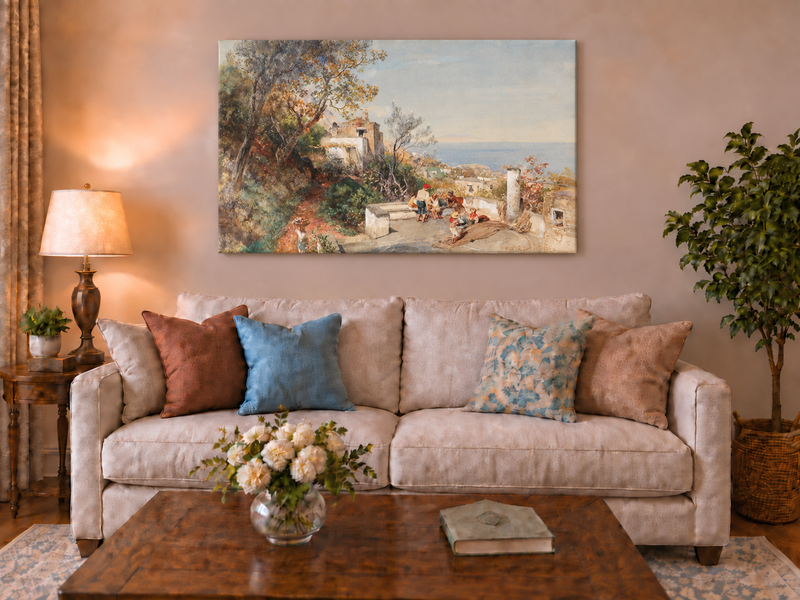 Landscape Oil Painting - Coastal Village Path Figures & Sea