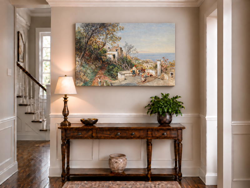 Landscape Oil Painting - Coastal Village Path Figures & Sea