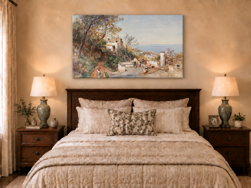 Landscape Oil Painting - Coastal Village Path Figures & Sea