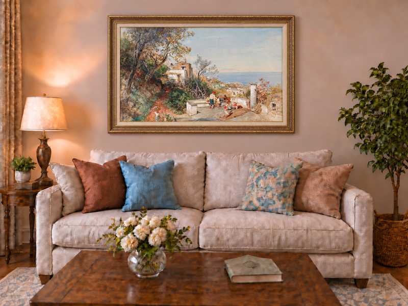 Landscape Oil Painting - Coastal Village Path Figures & Sea