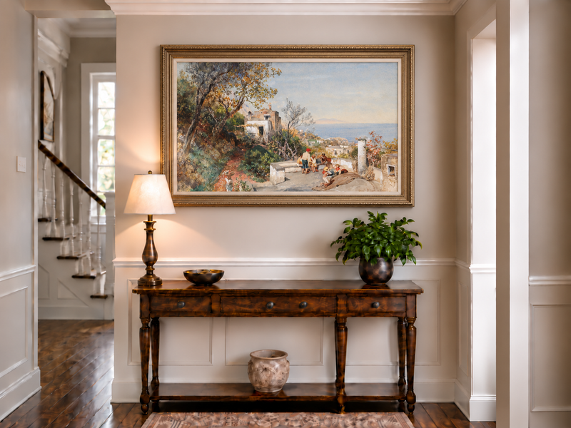Landscape Oil Painting - Coastal Village Path Figures & Sea