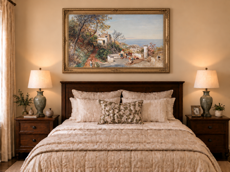 Landscape Oil Painting - Coastal Village Path Figures & Sea