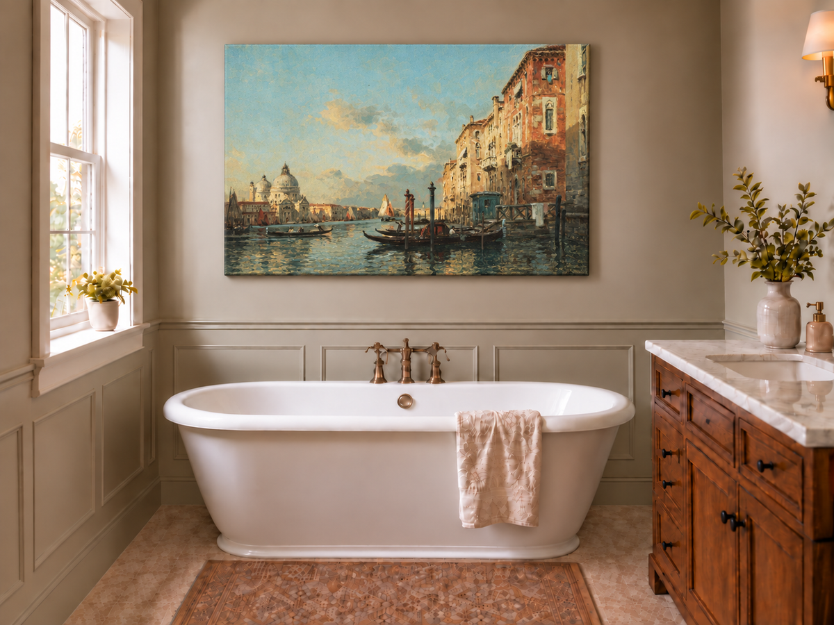 Landschaftsölgemälde – Canal Grande in der Abenddämmerung, Venedig Gondeln