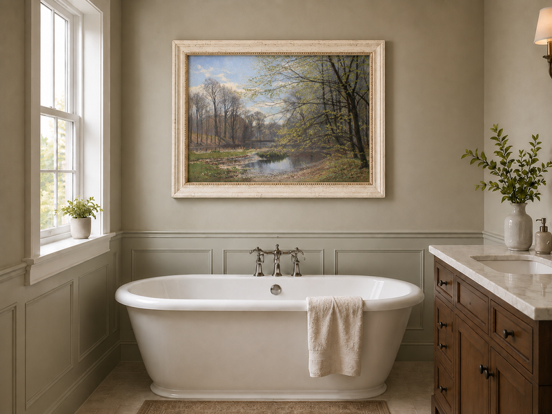 Landscape Oil Painting - Spring Forest Stream with Fresh Leaves