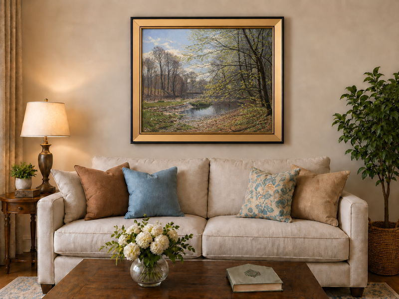 Landscape Oil Painting - Spring Forest Stream with Fresh Leaves