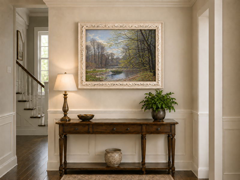 Landscape Oil Painting - Spring Forest Stream with Fresh Leaves