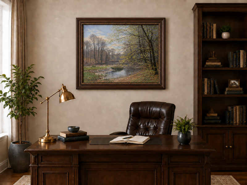 Landscape Oil Painting - Spring Forest Stream with Fresh Leaves