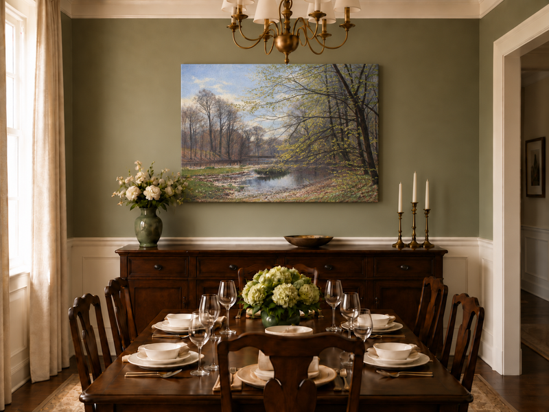 Landscape Oil Painting - Spring Forest Stream with Fresh Leaves