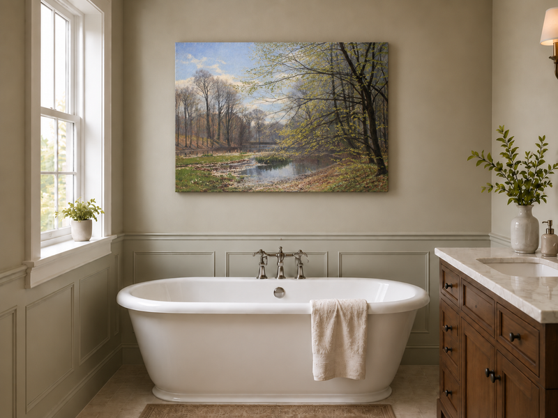 Landscape Oil Painting - Spring Forest Stream with Fresh Leaves