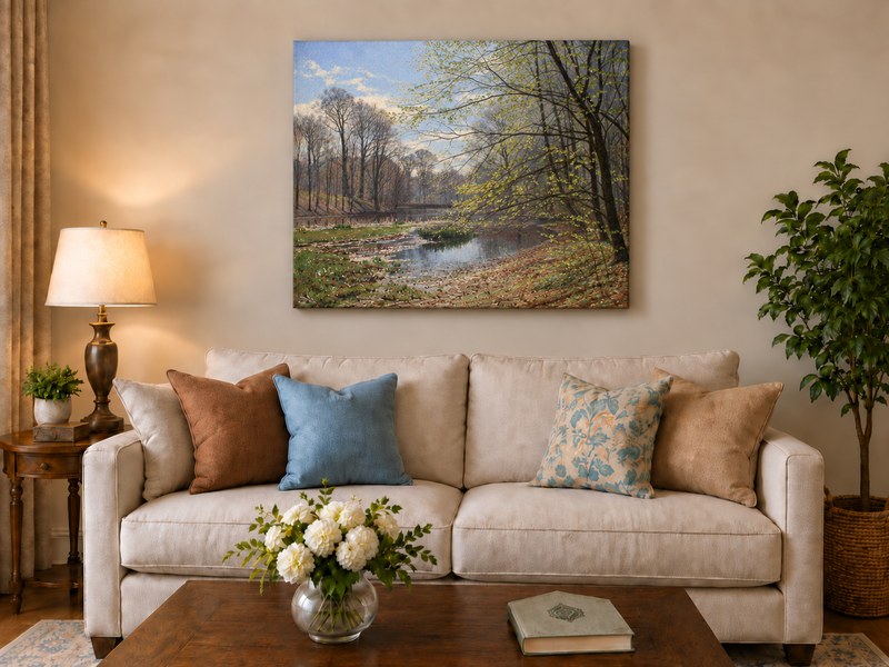 Landscape Oil Painting - Spring Forest Stream with Fresh Leaves