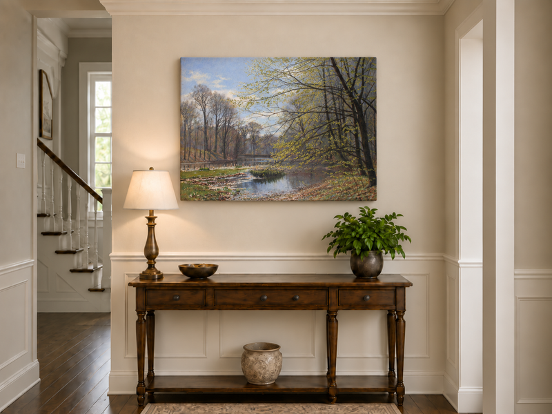 Landscape Oil Painting - Spring Forest Stream with Fresh Leaves