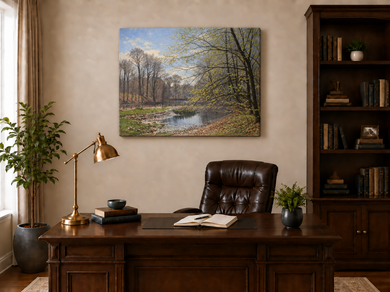 Landscape Oil Painting - Spring Forest Stream with Fresh Leaves