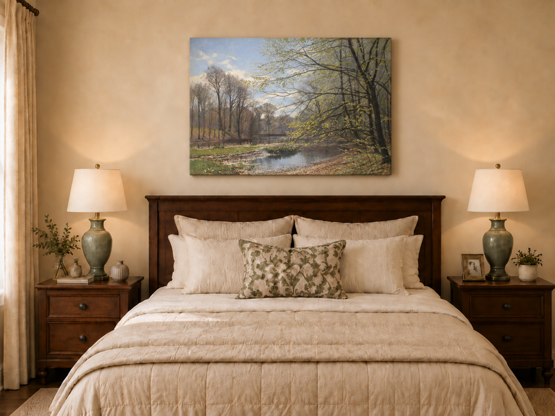 Landscape Oil Painting - Spring Forest Stream with Fresh Leaves