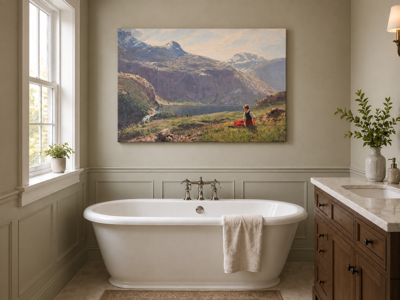 Ölgemälde Landschaft - Bergsee mit sitzender Figur
