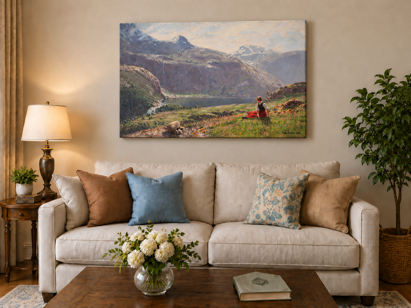 Ölgemälde Landschaft - Bergsee mit sitzender Figur