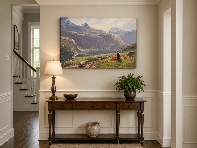 Ölgemälde Landschaft - Bergsee mit sitzender Figur