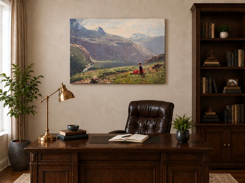 Ölgemälde Landschaft - Bergsee mit sitzender Figur