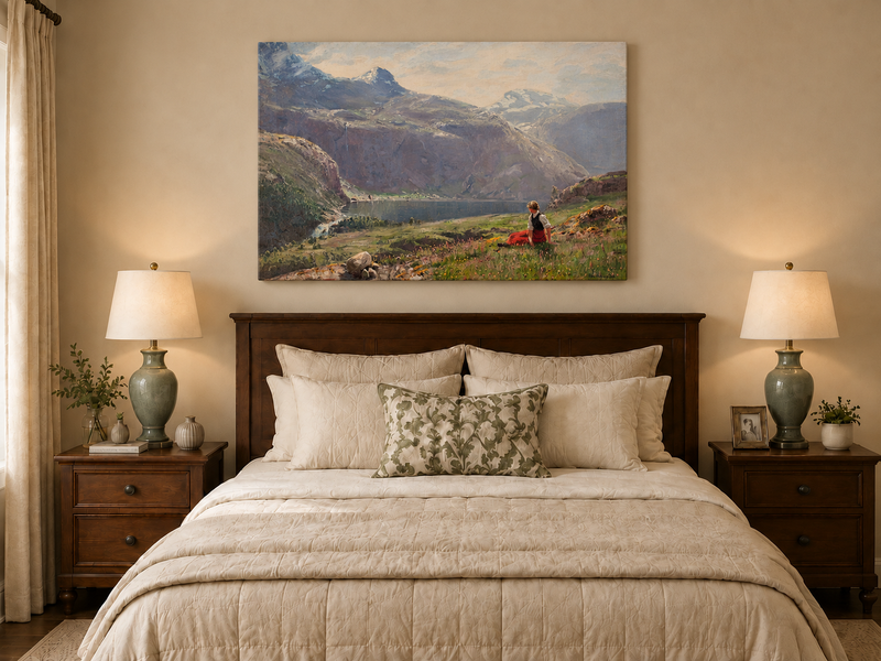 Ölgemälde Landschaft - Bergsee mit sitzender Figur