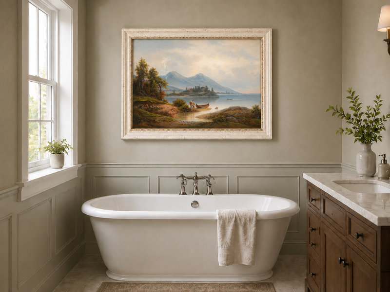 Peinture à l'huile de paysage - Montagnes sereines au bord du lac, personnages