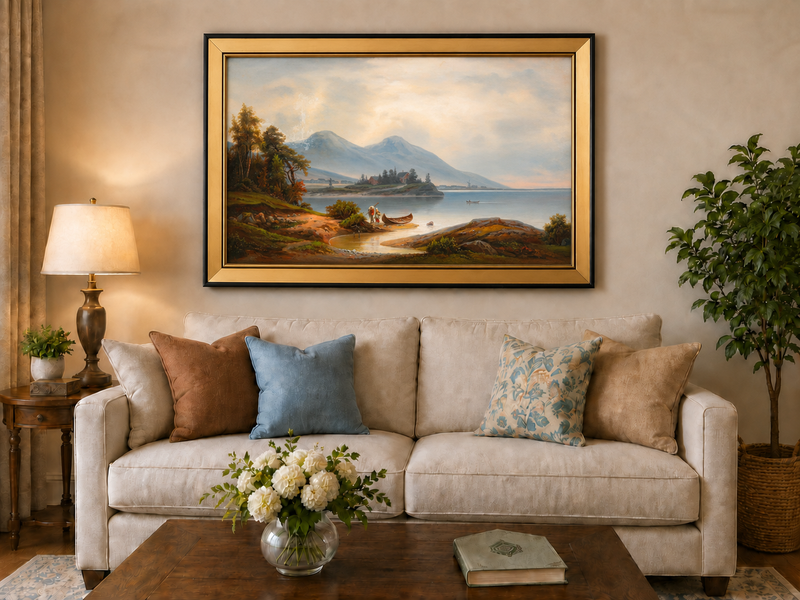 Peinture à l'huile de paysage - Montagnes sereines au bord du lac, personnages