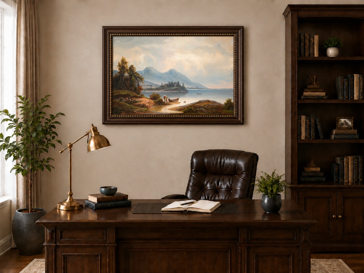 Peinture à l'huile de paysage - Montagnes sereines au bord du lac, personnages