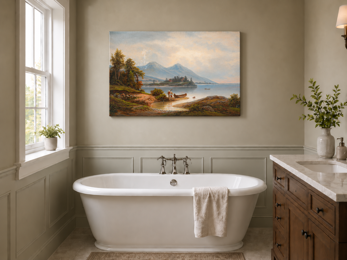 Peinture à l'huile de paysage - Montagnes sereines au bord du lac, personnages