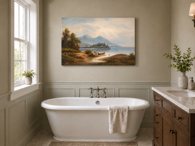 Peinture à l'huile de paysage - Montagnes sereines au bord du lac, personnages