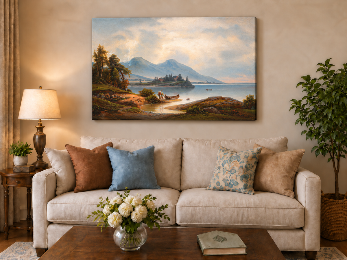 Peinture à l'huile de paysage - Montagnes sereines au bord du lac, personnages