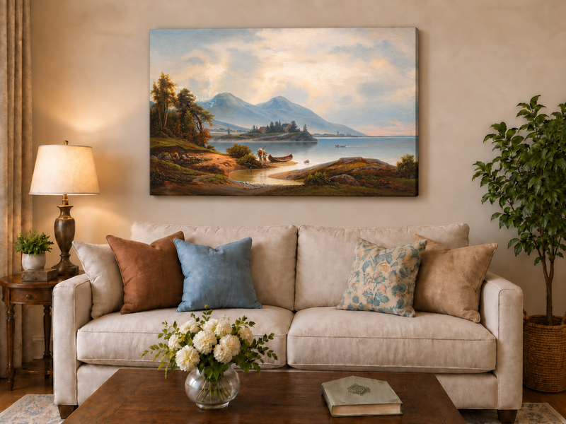 Peinture à l'huile de paysage - Montagnes sereines au bord du lac, personnages