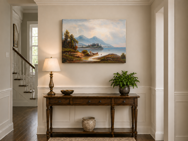 Peinture à l'huile de paysage - Montagnes sereines au bord du lac, personnages