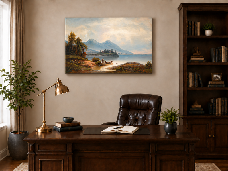 Peinture à l'huile de paysage - Montagnes sereines au bord du lac, personnages