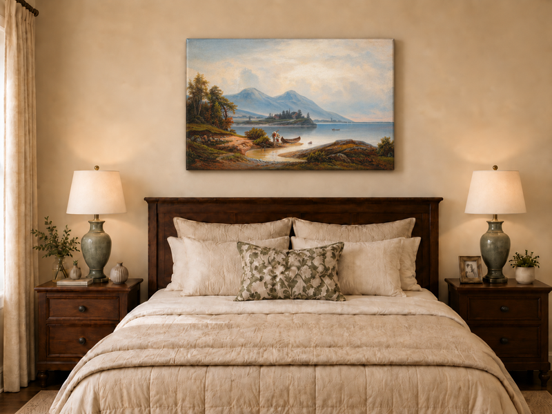 Peinture à l'huile de paysage - Montagnes sereines au bord du lac, personnages