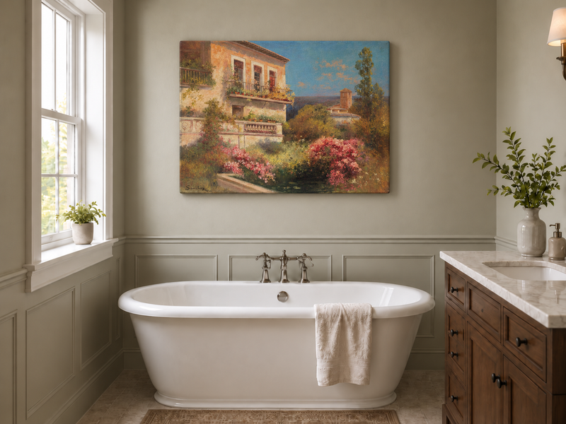 Landscape Oil Painting - Mediterranean Garden Balcony
