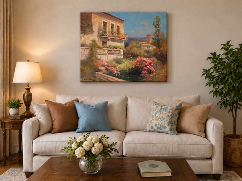 Landscape Oil Painting - Mediterranean Garden Balcony