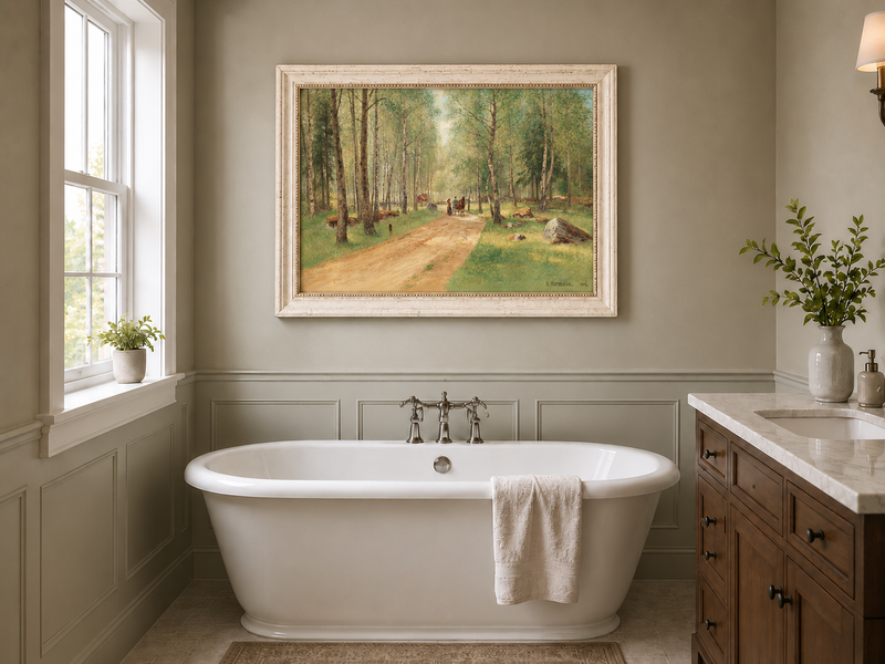 Peinture à l'huile de paysage - Chemin tranquille dans la forêt de bouleaux, personnages