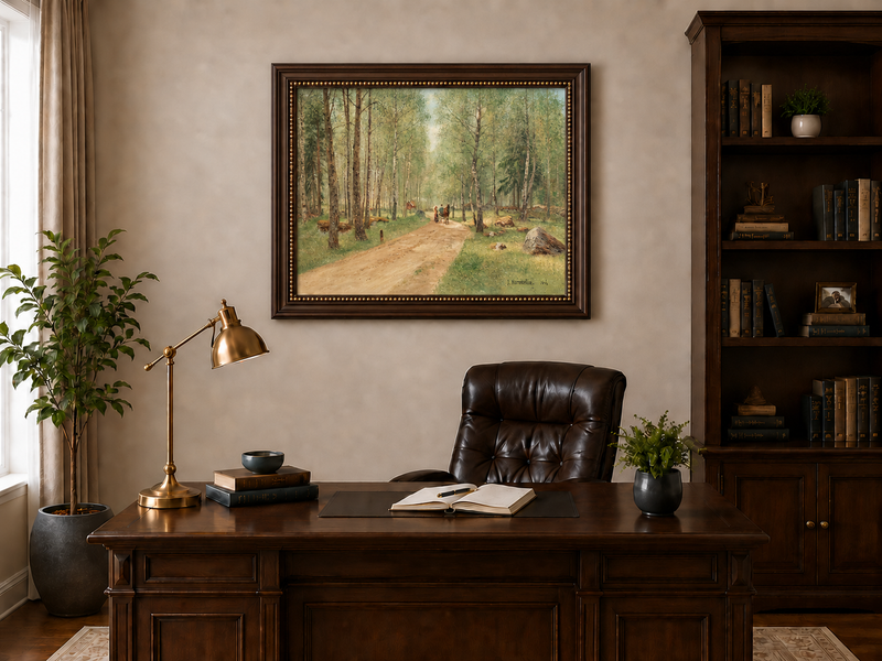 Peinture à l'huile de paysage - Chemin tranquille dans la forêt de bouleaux, personnages