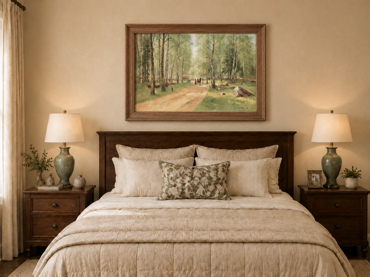 Peinture à l'huile de paysage - Chemin tranquille dans la forêt de bouleaux, personnages